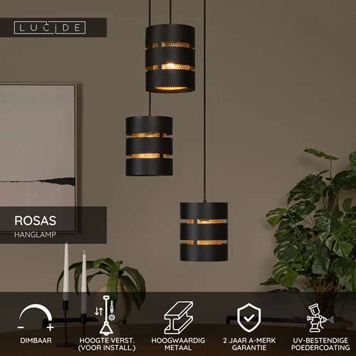 Lucide ROSAS - Hanglamp - Ø 43 cm - 3xE27 - Zwart - USP